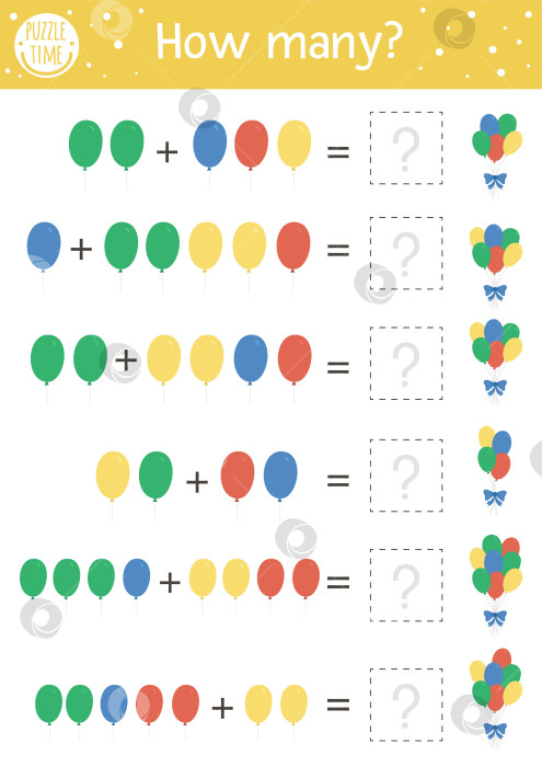 Скачать Игра для подсчета дней рождения с разноцветными воздушными шарами. Праздничное мероприятие для детей дошкольного возраста. Образовательный праздничный печатный лист по математике с традиционными элементами для детей фотосток Ozero