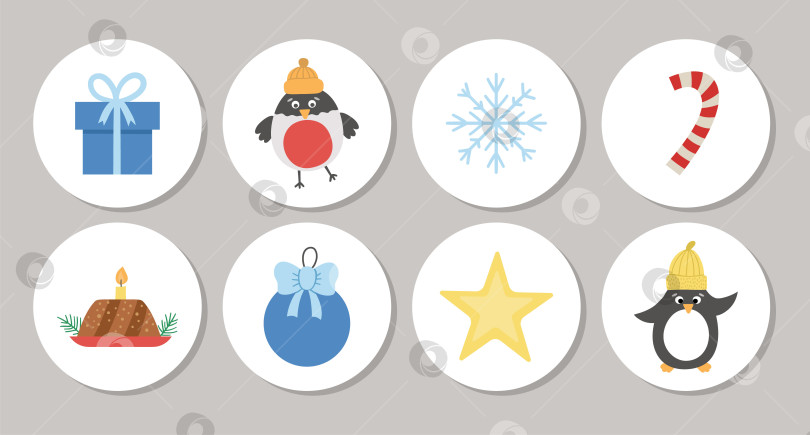 Скачать Симпатичный набор круглых рождественских значков или открыток с изображением птицы, подарка, пингвина, звезды, снегиря, снежинки. Векторный дизайн булавки или значка для зимнего праздника, изолированный на белом фоне фотосток Ozero