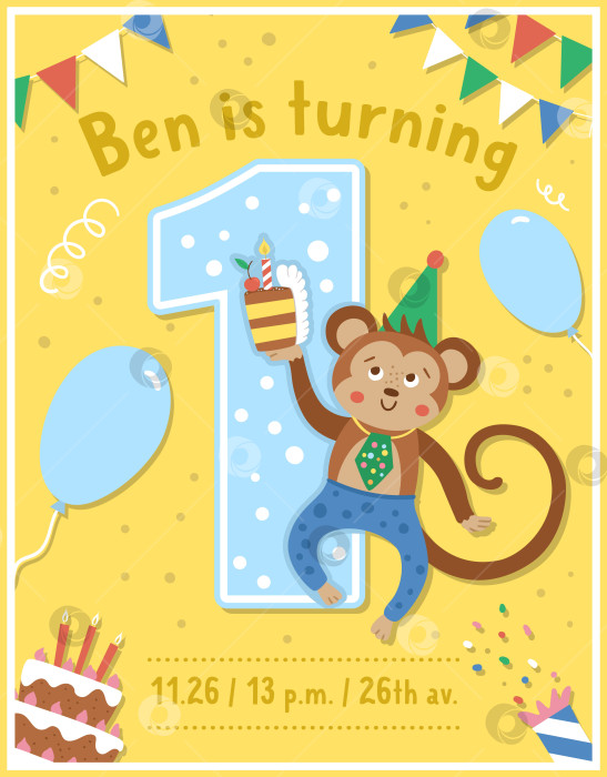 Скачать Шаблон поздравительной открытки на день рождения с милой обезьяной. Юбилейный плакат для детей. Яркая праздничная иллюстрация с забавным тропическим персонажем, тортом, воздушным шаром. Праздничный дизайн для детей в возрасте одного года фотосток Ozero