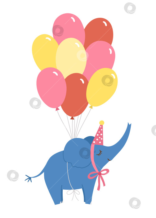Скачать Симпатичный векторный слон в праздничной шляпе, летящий на разноцветной связке воздушных шаров. Очаровательная иллюстрация к животному. Забавный клипарт на день рождения для открытки, плаката, полиграфического дизайна. Яркая праздничная картинка для детей. фотосток Ozero