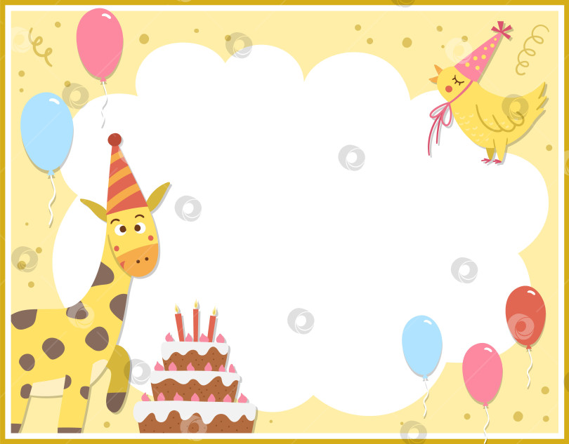 Скачать Шаблон поздравительной открытки на день рождения с милым тортом и животными. Плакат на годовщину или приглашение для детей. Яркая праздничная иллюстрация с традиционным праздничным десертом, воздушными шарами, жирафом и местом для текста фотосток Ozero