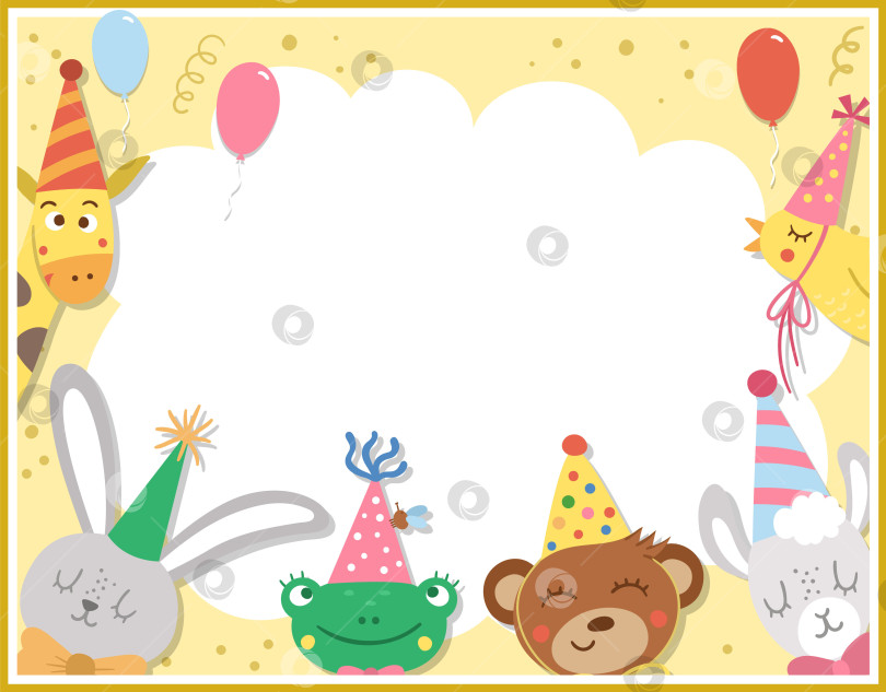 Скачать Шаблон поздравительной открытки на день рождения с милыми животными. Плакат на годовщину или приглашение для детей. Яркая праздничная иллюстрация с традиционным праздничным десертом, воздушными шарами, жирафом и местом для текста фотосток Ozero