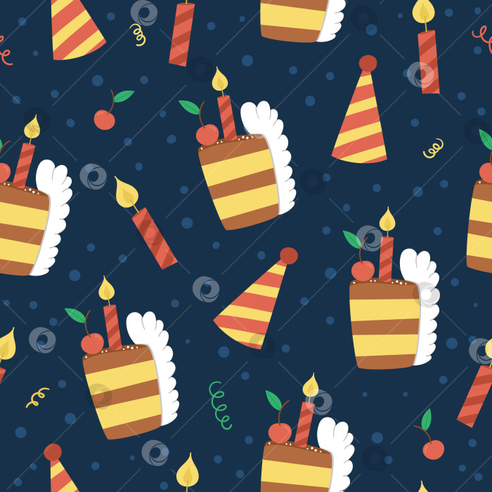Скачать Векторный бесшовный узор с милым тортом, свечой, шляпой для вечеринки. Празднование вечеринки, повторяющее фон дня рождения. Векторная праздничная цифровая бумага с яркими элементами праздничного дизайна фотосток Ozero