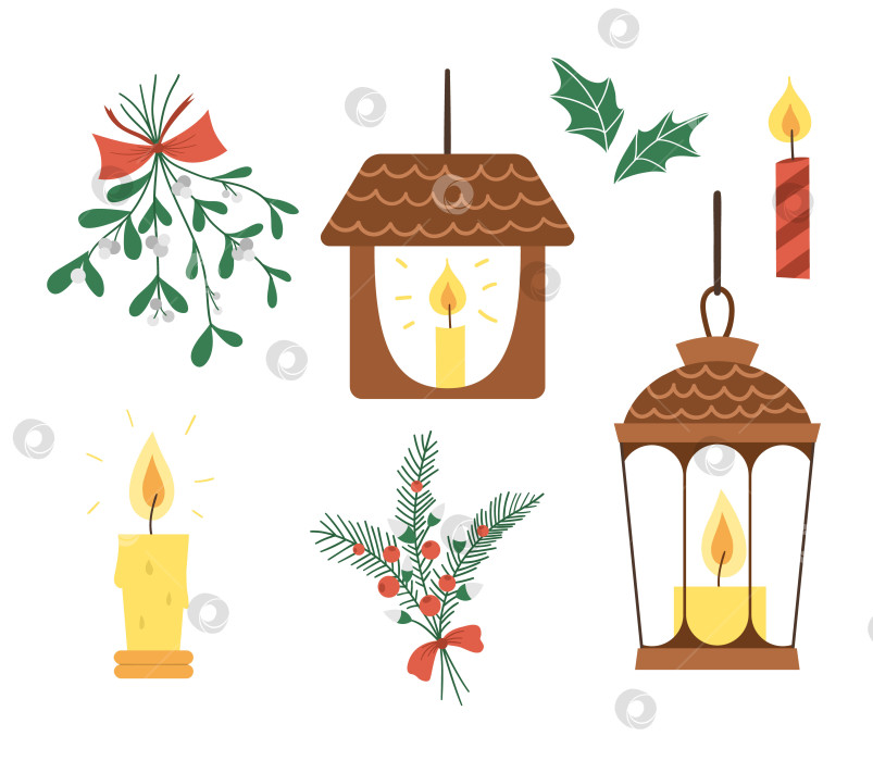 Скачать Векторный набор фонарей со свечами, листьями остролиста и пучком омелы, изолированных на белом фоне. Милая забавная иллюстрация символа нового года. Рождественские гирлянды в плоском стиле для украшения. фотосток Ozero