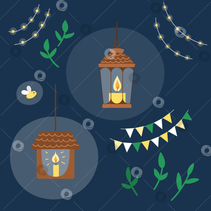 Скачать Векторный набор фонарей со свечами, гирляндами, листьями и светлячком, изолированными на белом фоне. Милая забавная иллюстрация символа нового года или ночной иллюминации. Рождественские гирлянды в плоском стиле. фотосток Ozero