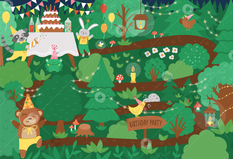 Скачать Векторный лесной фон для празднования дня рождения с милыми животными, листьями, деревьями, грибами. Забавная праздничная лесная сценка с медведем, кроликом, енотом и растениями. Плоская иллюстрация для детей с тортом. фотосток Ozero