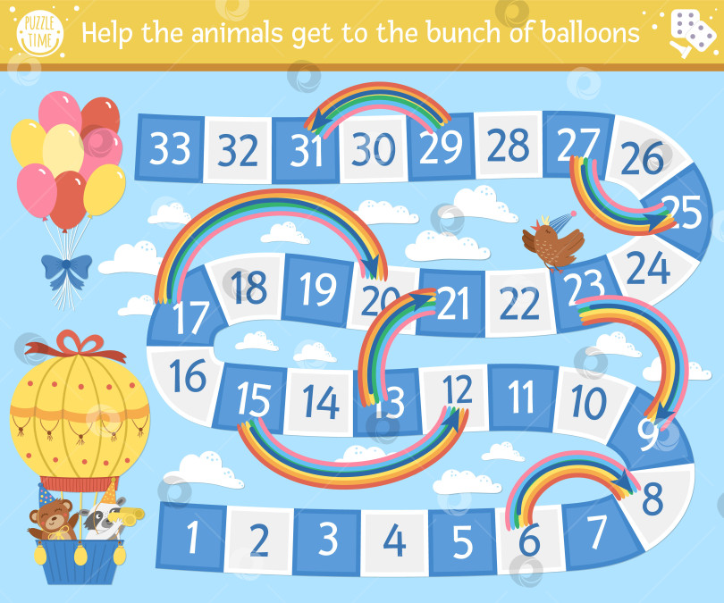 Скачать Настольная игра на день рождения для детей с милыми животными на воздушном шаре. Развивающая праздничная настольная игра с облаками, радугой и воздушными шарами. Вечеринка для детей. фотосток Ozero