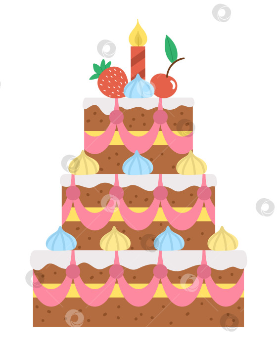 Скачать Векторный праздничный торт со свечами. Милая забавная иллюстрация десерта для вечеринки для открытки, плаката, печатного дизайна. Яркая концепция праздника для детей, выделенная на белом фоне. фотосток Ozero