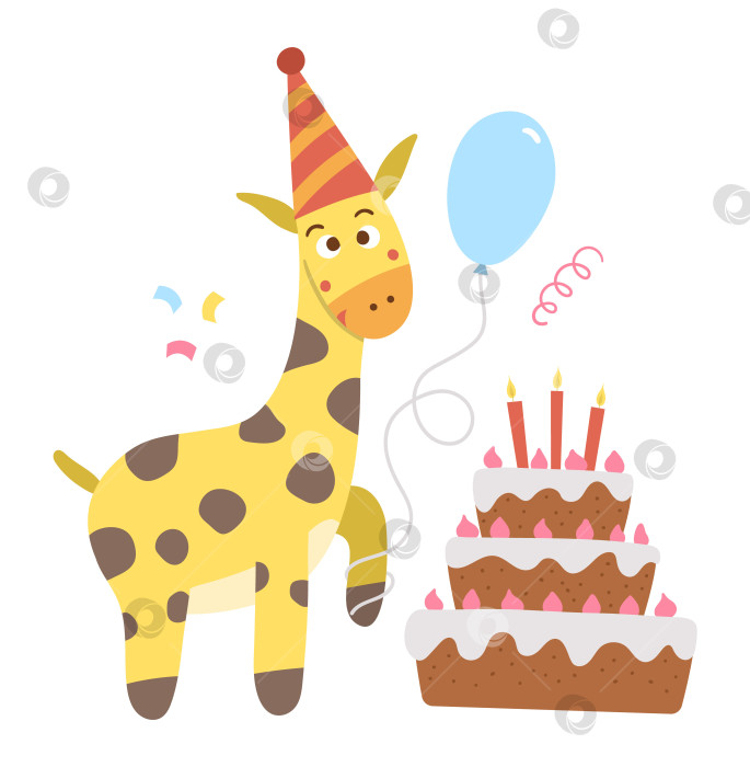 Скачать Векторная композиция для празднования дня рождения с милым жирафом, тортом, свечами, воздушным шаром. Дизайн праздничного фона для баннеров, плакатов, приглашений. Шаблон праздничной открытки с забавным африканским животным фотосток Ozero