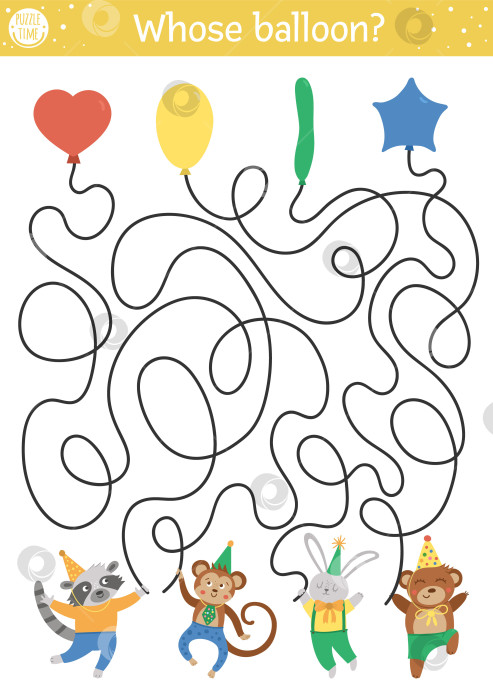 Скачать Лабиринт на день рождения для детей. Праздничное дошкольное образовательное мероприятие для печати. Забавная игра-вечеринка в честь дня рождения или головоломка с милыми животными и воздушными шарами разной формы. Чей воздушный шар? фотосток Ozero