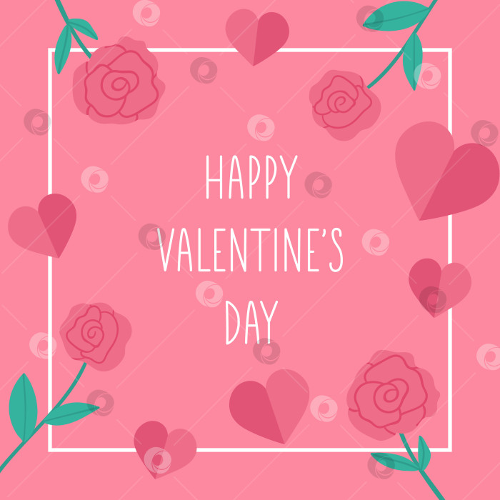 Скачать Шаблон квадратной поздравительной открытки на день святого Валентина с милыми розами и сердечками. Люблю праздничный плакат или приглашение для детей. Иллюстрация в ярко-розовой рамке с традиционными символами. фотосток Ozero