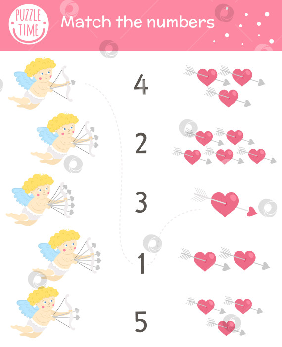 Скачать Комбинационная игра на день Святого Валентина с купидоном и сердечками. Праздничное занятие по математике для детей дошкольного возраста. Обучающий печатный лист для подсчета на тему любви с милыми забавными элементами для детей фотосток Ozero