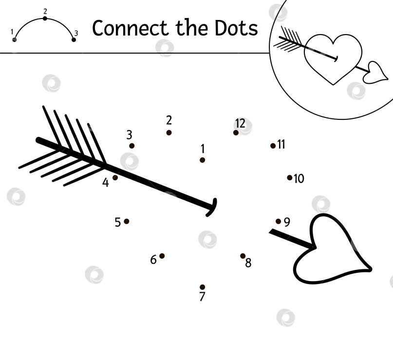 Скачать Векторный День Святого Валентина от точки к точке и цветовая активность с милым сердечком со стрелкой. Праздничная игра "соедини точки" для детей на любовную тематику. Забавная раскраска для детей. фотосток Ozero