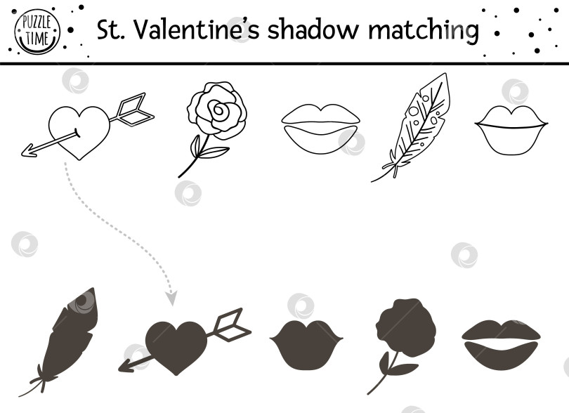 Скачать Занятие по подбору черно-белых теней в день Святого Валентина для детей. Забавная контурная головоломка с милыми праздничными символами. Развивающая игра для детей на любовную тематику. Найдите правильный рабочий лист с силуэтами. фотосток Ozero