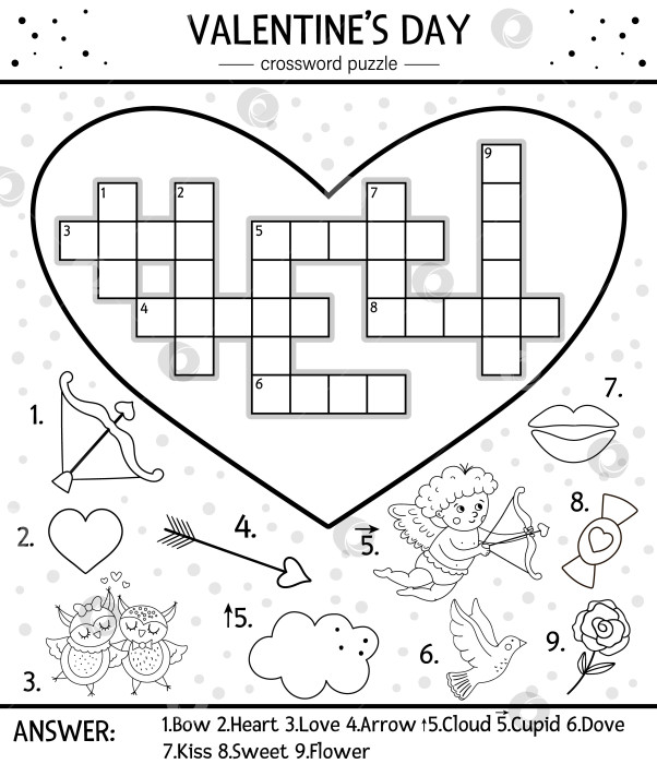 Скачать Векторный черно-белый кроссворд на день Святого Валентина для детей. Простая викторина в форме сердца с праздничными предметами или раскраской. Образовательное мероприятие с традиционными элементами и любовной тематикой фотосток Ozero
