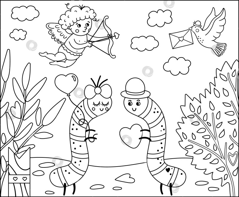 Скачать Векторный черно-белый фон дня Святого Валентина с милыми насекомыми. Забавная сцена с двумя влюбленными гусеницами в саду. Линейная иллюстрация или раскраска для детей с концепцией любви. фотосток Ozero