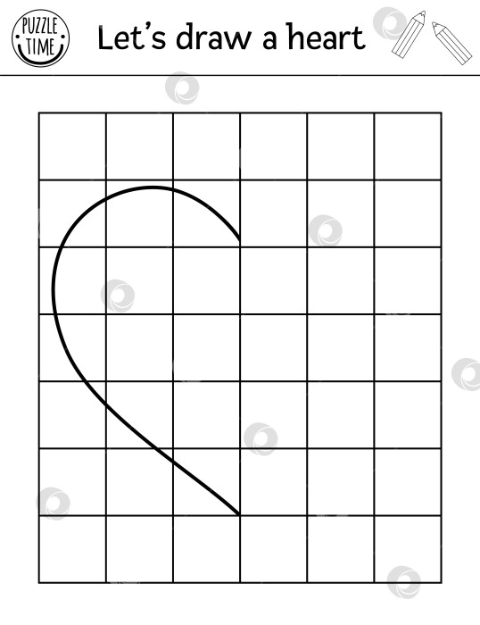Скачать Завершите изображение сердца. Векторный рабочий лист для практики рисования в день Святого Валентина. Февральское черно-белое занятие для детей дошкольного возраста. Игра на тему любви "Скопируй картинку" для детей фотосток Ozero