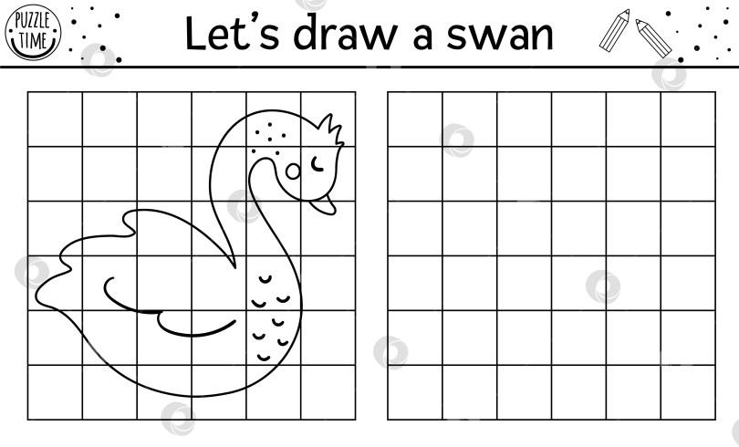 Скачать Завершите картину с лебедем. Векторный рабочий лист для практики рисования в день Святого Валентина. Февральское черно-белое занятие для детей дошкольного возраста. Игра "Скопируй картинку" для детей с милой птичкой. фотосток Ozero