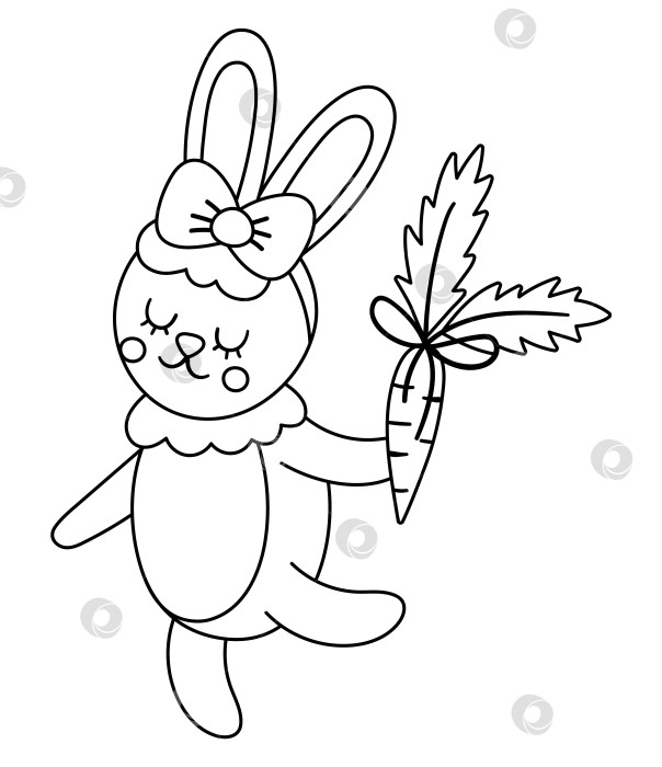 Скачать Векторная симпатичная черно-белая девочка-кролик с морковкой. Иллюстрация танцующего лесного животного. Романтический кролик, изолированный на белом фоне. Забавный значок персонажа пасхальной линейки или страница-раскраска. фотосток Ozero