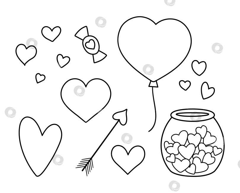 Скачать Векторный черно-белый набор с сердечками. Симпатичный воздушный шар в форме сердца, стрелка, конфета, горшочек с конфетами, выделенные на белом фоне. Игривые значки линейки ко дню Святого Валентина или коллекция раскрасок. фотосток Ozero
