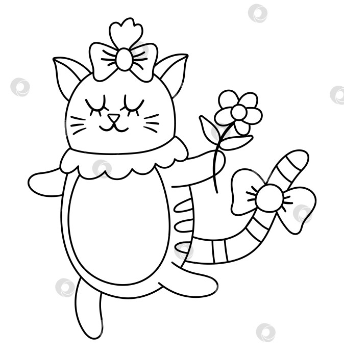Скачать Векторная симпатичная черно-белая девушка-кошка с цветком. Иллюстрация танцующего домашнего животного. Романтический питомец, изолированный на белом фоне. Забавный значок персонажа линии Святого Валентина или страница-раскраска. фотосток Ozero