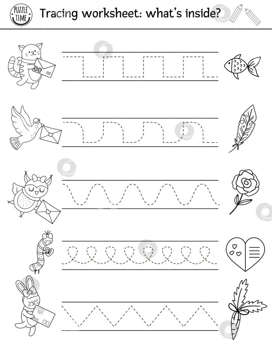 Скачать Векторный рабочий лист для практики рукописного ввода Святого Валентина. Февральское черно-белое занятие для дошкольников, пригодное для печати. Обучающая игра-трассировка для развития навыков письма с милыми животными и любовным письмом фотосток Ozero
