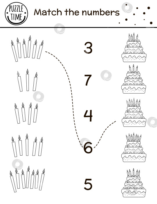 Скачать Черно-белая комбинационная игра на день рождения с тортами и свечами. Конспект праздничного занятия по математике для детей дошкольного возраста. Образовательная линейка celebration печатный рабочий лист для подсчета голосов для детей фотосток Ozero
