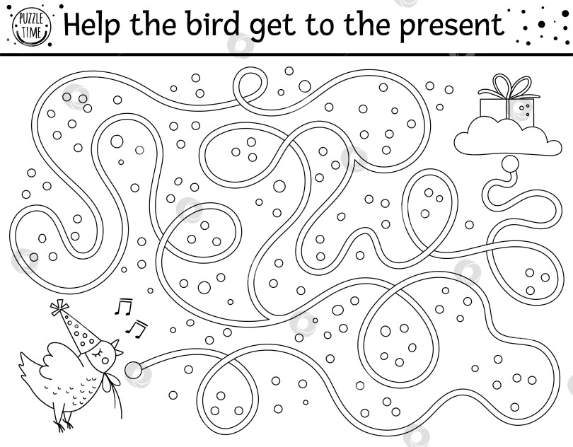 Скачать День рождения черно-белого лабиринта для детей. Праздничный план дошкольного образовательного мероприятия для печати. Забавная игра для вечеринки в честь дня рождения или головоломка с милым цыпленком. Помогите птице добраться до настоящего фотосток Ozero