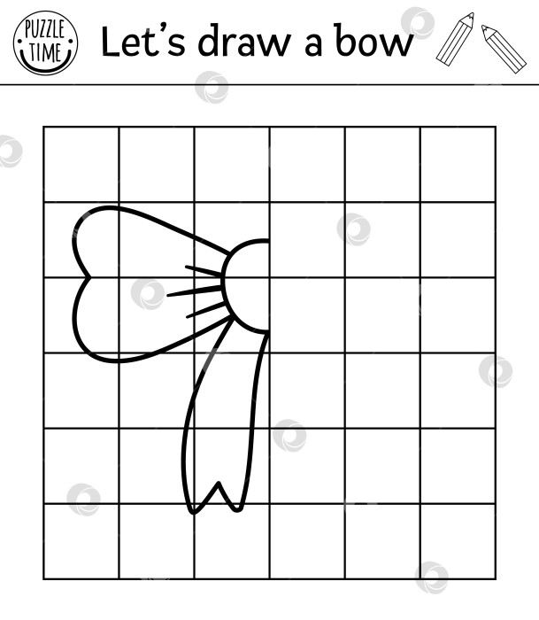 Скачать Завершите картину с бантом. Рабочий лист для практики векторного праздничного рисования. Черно-белое мероприятие для детей дошкольного возраста, предназначенное для печати на день рождения. Простая игра-копирование для детей. фотосток Ozero