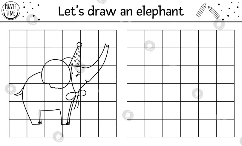 Скачать Скопируйте картинку со слоном. Рабочий лист для практики векторного праздничного рисования. Черно-белое занятие для детей дошкольного возраста с изображением милого животного, предназначенное для печати на день рождения. Простая игра-копирование для детей. фотосток Ozero