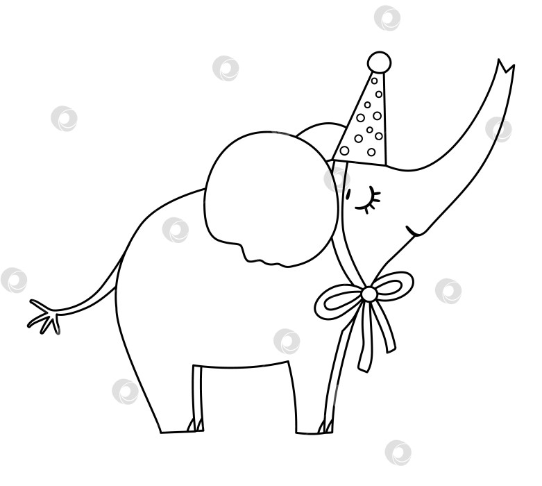 Скачать Векторный милый черно-белый слон в шляпе на день рождения. Забавное животное на день рождения для открыток, плакатов, полиграфического дизайна. Набросайте праздничную иллюстрацию для детей. Значок линии персонажа веселого празднования фотосток Ozero