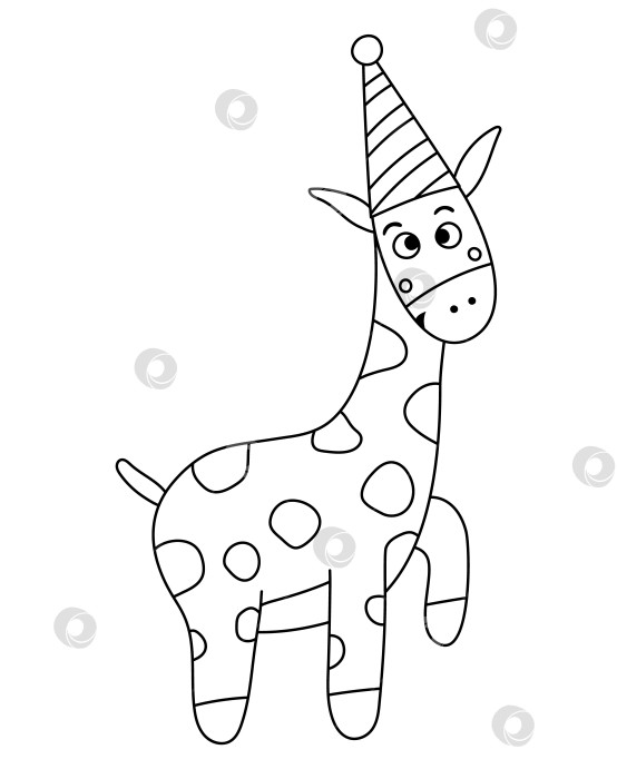Скачать Векторный милый черно-белый жираф в шляпе на день рождения. Забавное животное на день рождения для открыток, плакатов, полиграфического дизайна. Набросайте праздничную иллюстрацию для детей. Значок линии персонажа веселого празднования. фотосток Ozero