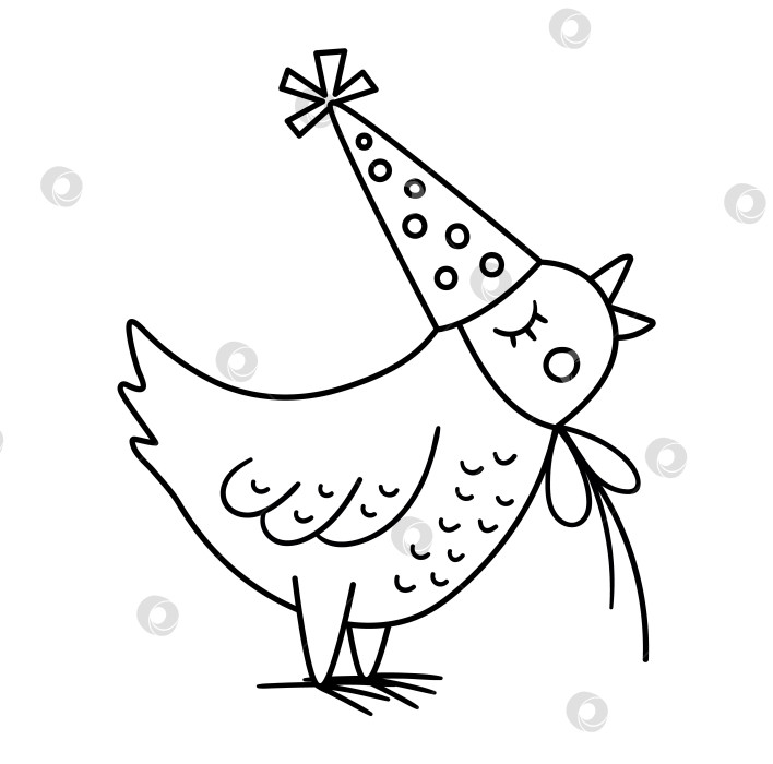 Скачать Векторный милый черно-белый поющий цыпленок в шляпе на день рождения. Забавная птичка на день рождения для открыток, плакатов, полиграфического дизайна. Набросайте праздничную иллюстрацию для детей. Значок линии персонажа веселого празднования фотосток Ozero