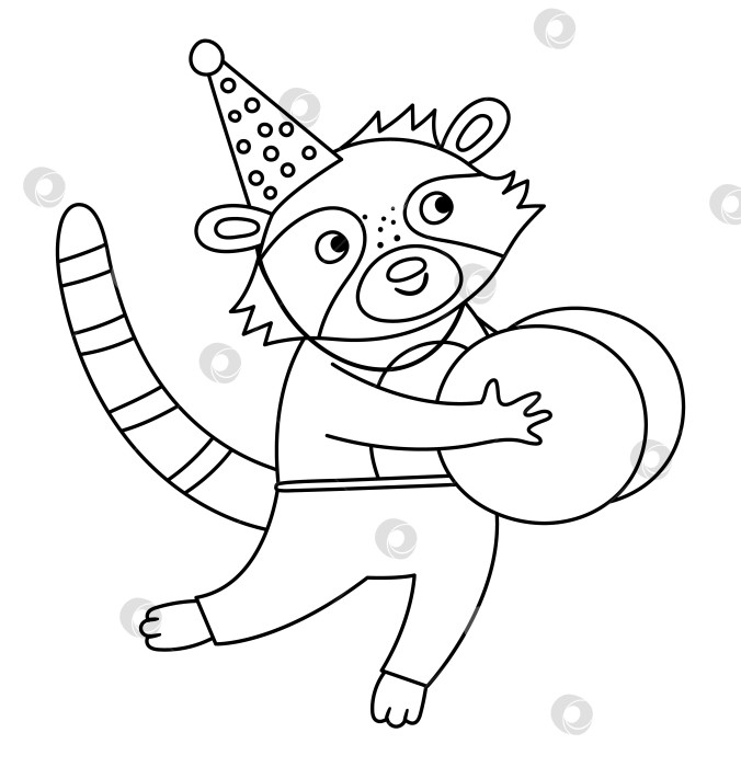 Скачать Векторный милый черно-белый енот с тарелками в праздничной шляпе. Забавное животное на день рождения для открыток, плакатов, полиграфического дизайна. Набросайте праздничную иллюстрацию для детей. Значок линии персонажа веселого празднования фотосток Ozero