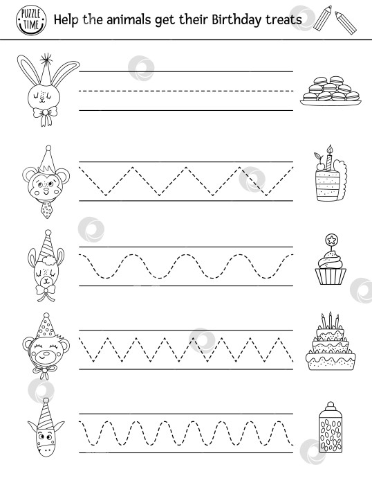 Скачать Векторный рабочий лист для отработки рукописного ввода на вечеринке по случаю дня рождения с милыми животными и десертами. Праздничное черно-белое занятие для детей дошкольного возраста, пригодное для печати. Обучающая игра-трассировка для развития навыков письма фотосток Ozero