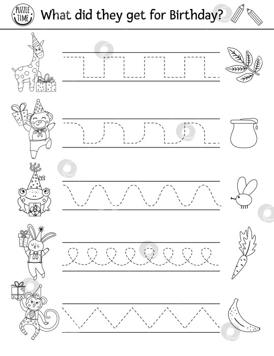 Скачать Векторный рабочий лист для практики рукописного ввода на вечеринке по случаю дня рождения. Праздничное черно-белое занятие для детей дошкольного возраста, пригодное для печати. Обучающая игра-трассировка для развития навыков письма с подарками на день рождения фотосток Ozero