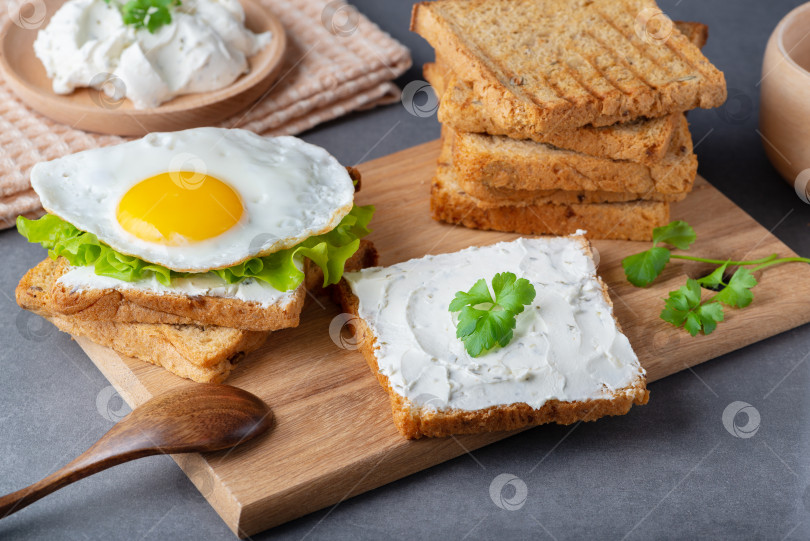 Скачать Бутерброды с творожным сыром, жареным яйцом и зеленью фотосток Ozero