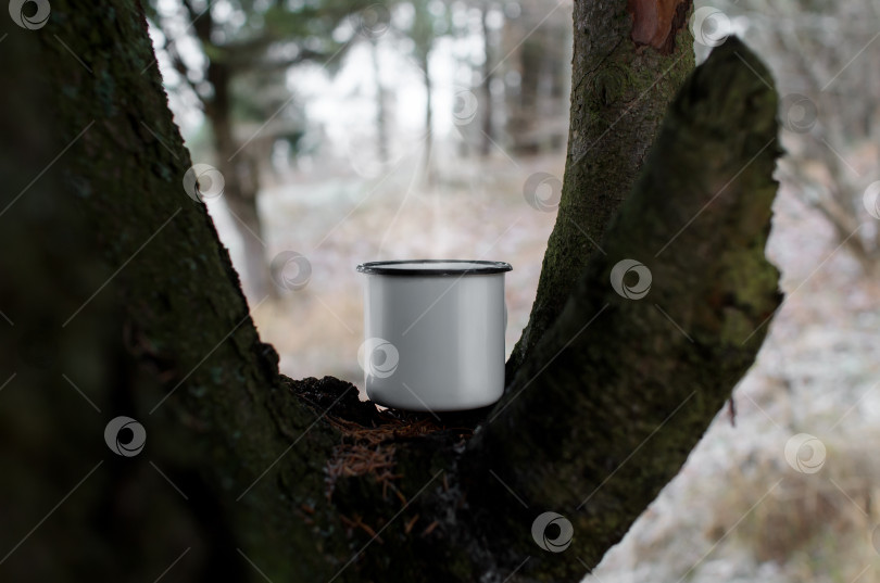 Скачать Стальная кружка с горячим напитком, стоящая на дереве крупным планом, на фоне зимнего леса. Из чашки поднимается пар. Концепция горячего напитка зимой, во время пешего похода по лесу. фотосток Ozero