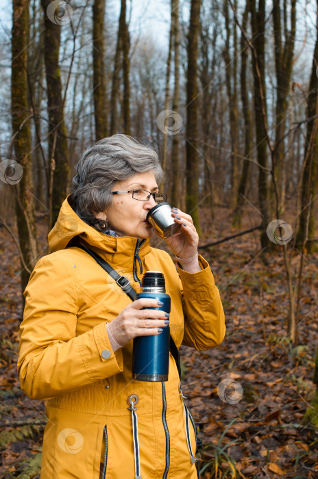 Скачать Пожилая женщина в очках пьет горячий чай. Пожилая женщина гуляет по лесу. Концепция согревающего напитка в холодную погоду, активного образа жизни на пенсии. фотосток Ozero
