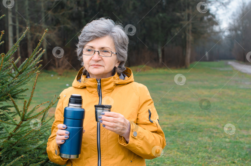 Скачать Пожилая женщина прогуливается по лесу. Пожилая женщина держит в руках термос и кружку с горячим чаем. Концептуальный поход, согревающий напиток в холодную погоду. фотосток Ozero