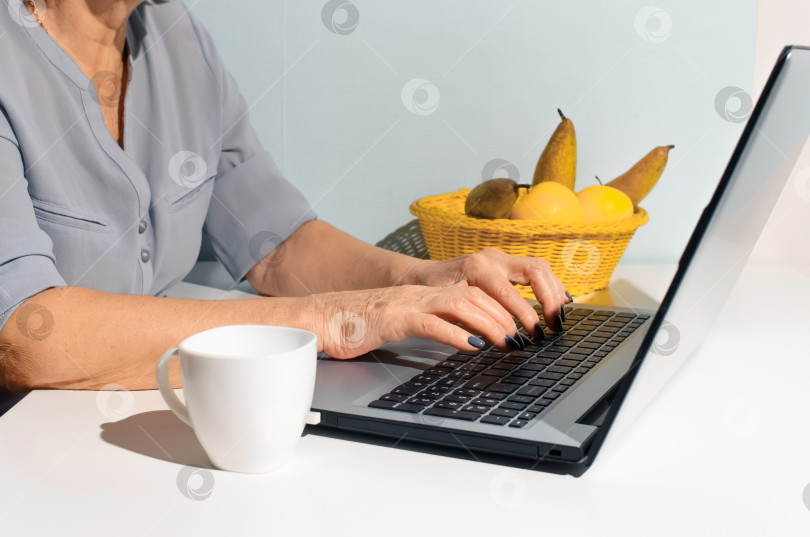 Скачать Крупным планом руки пожилой женщины, печатающей на ноутбуке фотосток Ozero