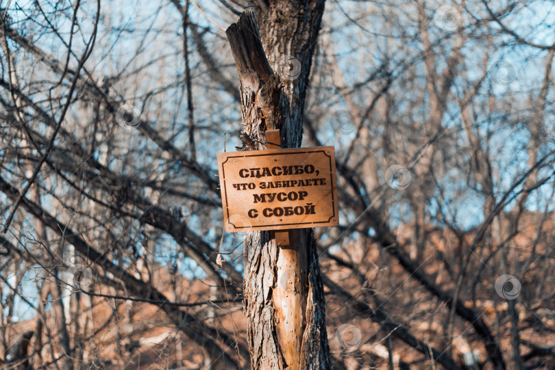 Скачать Деревянная табличка на дереве в лесу. Надпись на табличке "Спасибо вам за заботу об окружающей среде". фотосток Ozero