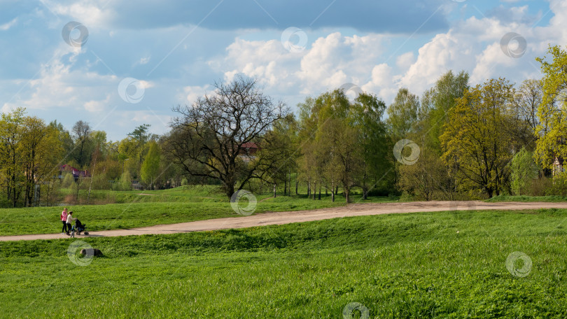 Скачать Гуляют с детской коляской две женщины на природе. фотосток Ozero