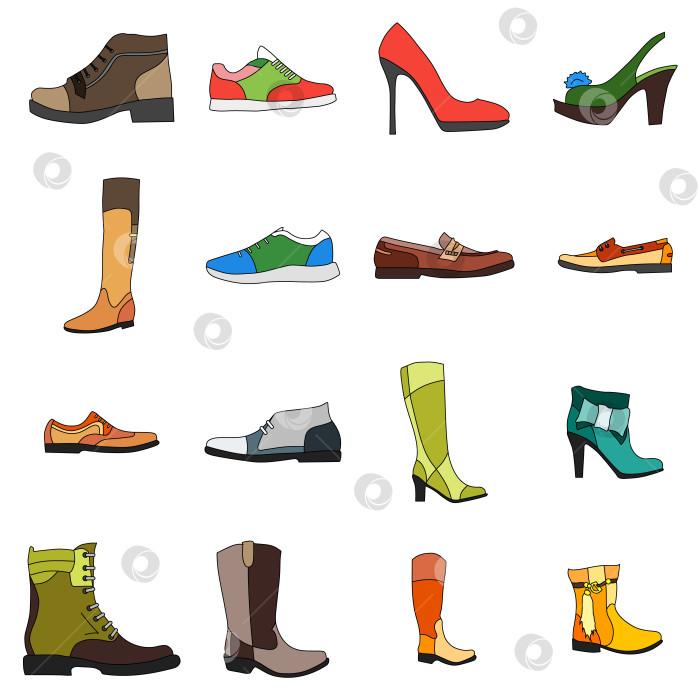 Скачать Обувь Icons - мужская и женская обувь на плоской подошве. Векторное изображение с черной обводкой. Элемент дизайна, интерфейс фотосток Ozero