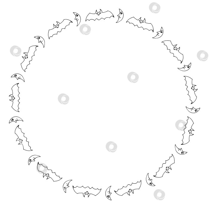 Скачать Круглая рамка с черно-белой луной и летучей мышью для Хэллоуина. Векторное изображение. фотосток Ozero