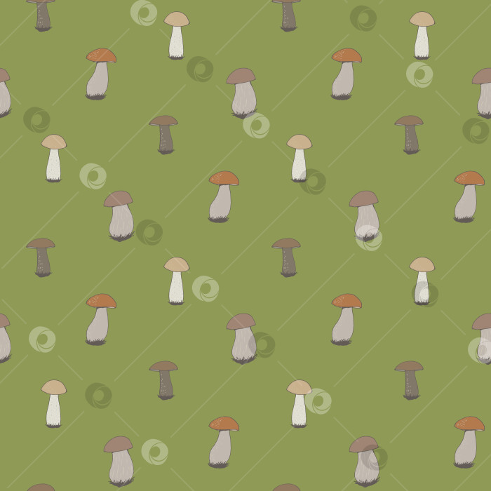 Скачать Бесшовный узор с лесными грибами на зеленом фоне. Векторное изображение. фотосток Ozero