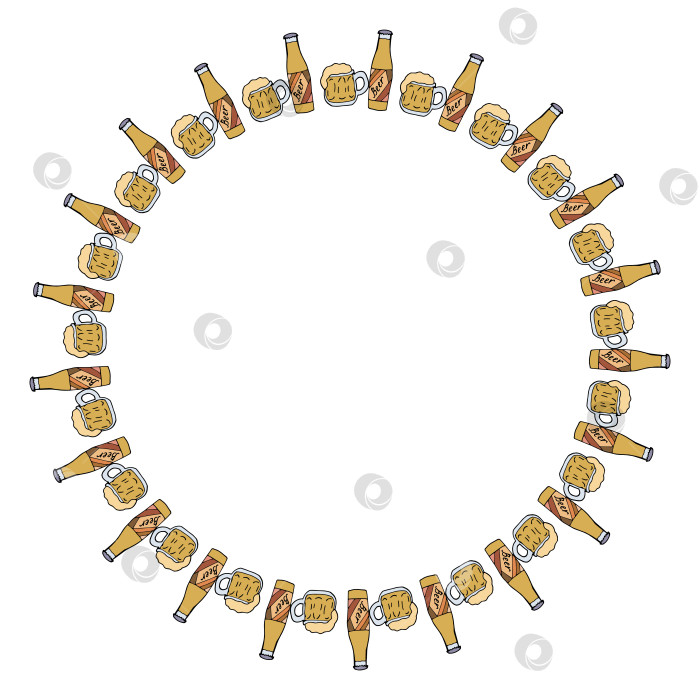 Скачать Круглая рамка с креативными пивными кружками и бутылкой на белом фоне. Векторное изображение. фотосток Ozero