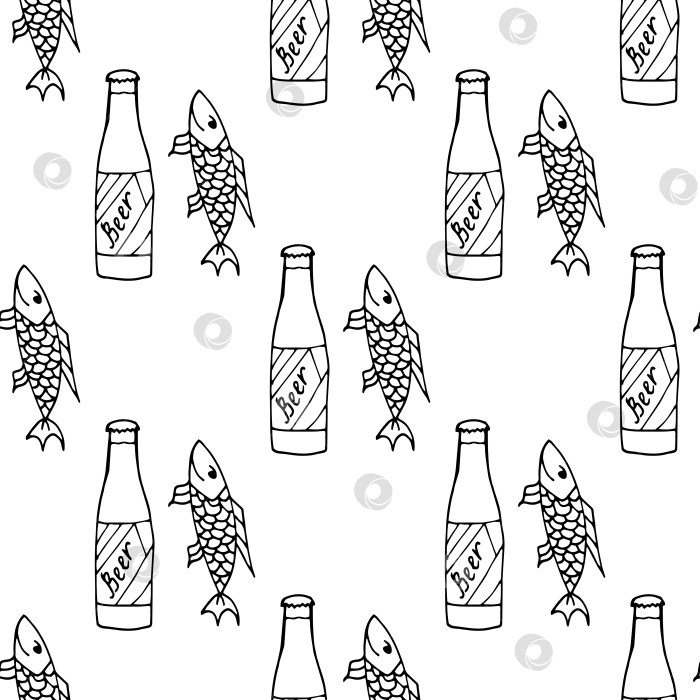 Скачать Бесшовный узор с пивной бутылкой и рыбой на белом фоне. Векторное изображение. фотосток Ozero