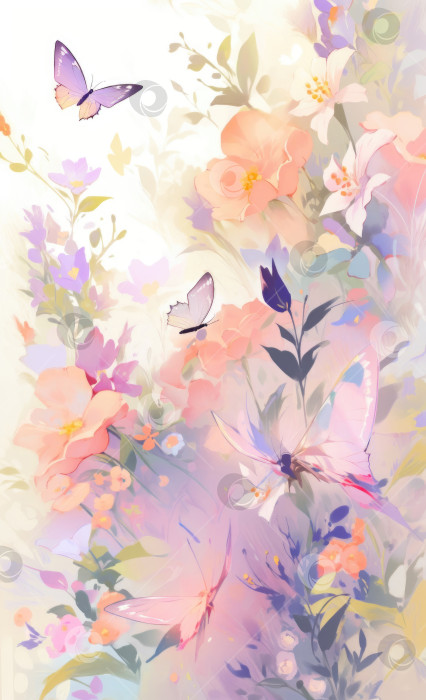 Скачать Нежная романтическая цветочная иллюстрация с бабочками и цветами в мягких и размытых пастельных тонах. Искусство искусственного интеллекта фотосток Ozero