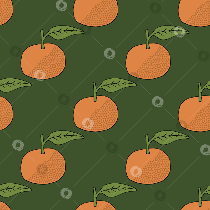 Скачать Бесшовный узор с оранжевыми мандаринами на темно-зеленом фоне. Векторное изображение. фотосток Ozero